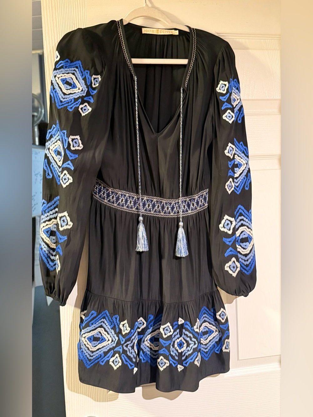Marie Oliver Kira Embroidered Dress in Blue and Black